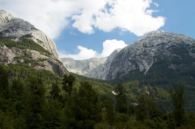 Paredes de granito y bosque en el valle de Cochamó